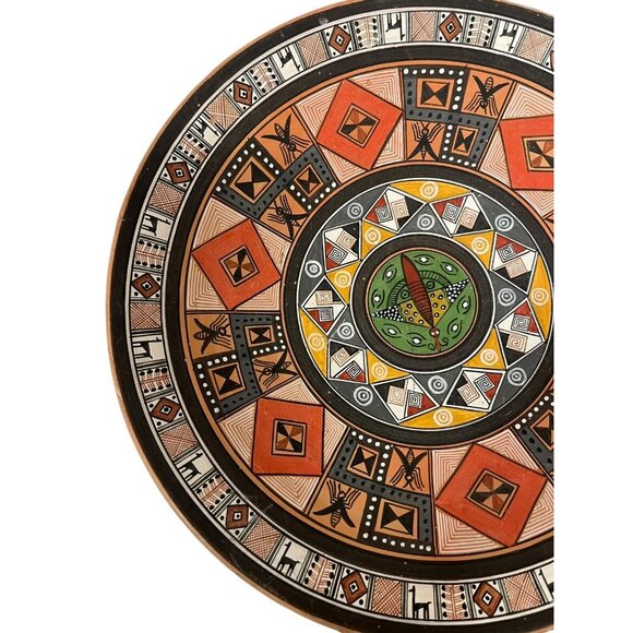Vintage Pisac Cusco Peru Folk Art Redware Clay Hand Painted Plate 9" Aztec Maya - Picture 3 of 8